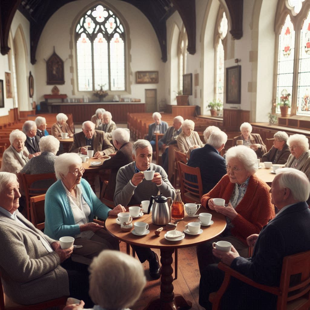 A coffee morning in a church hall with older people