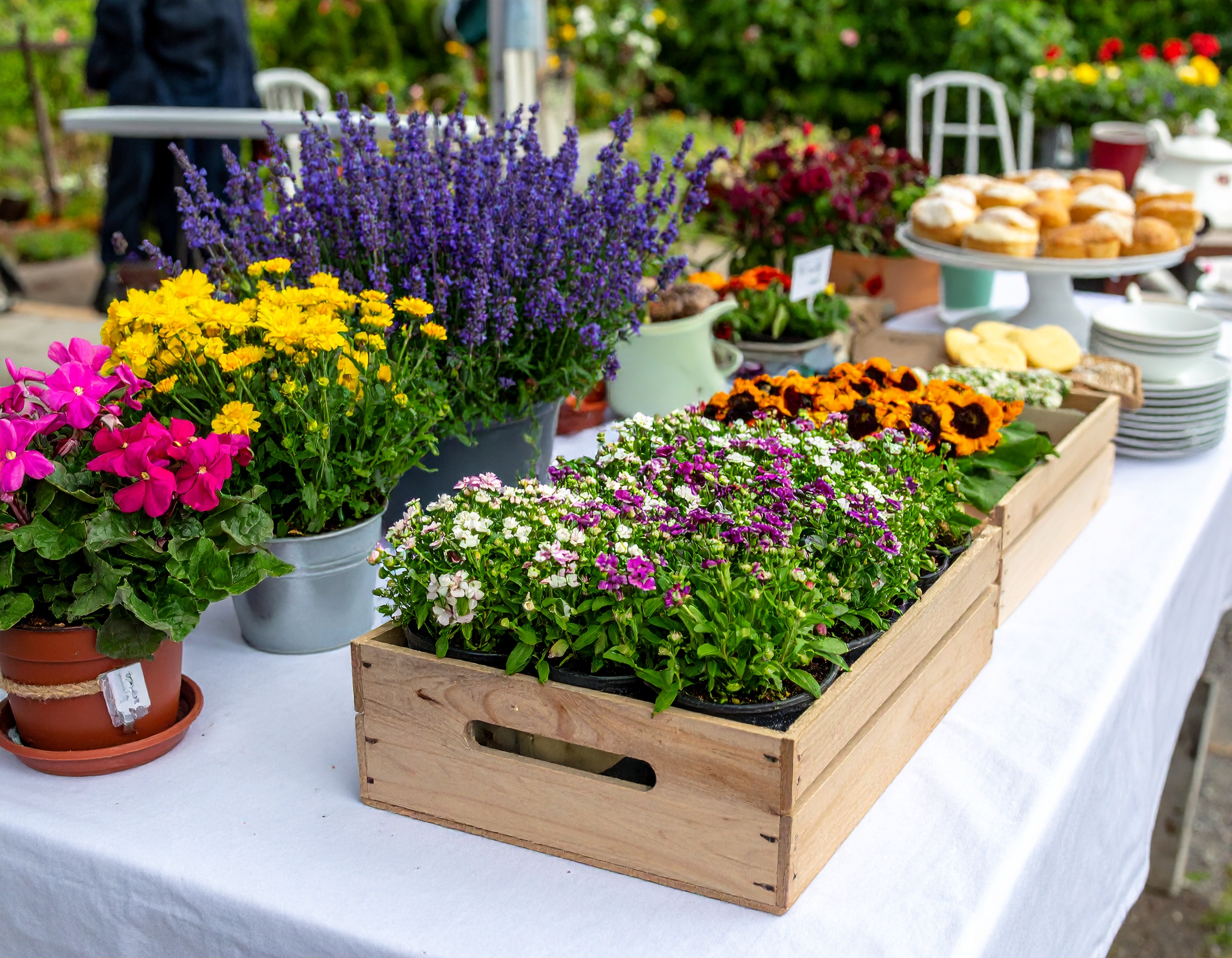 Firefly_Create an image to represent a wonderful garden plant sale. Tea, coffee and cake will 257725